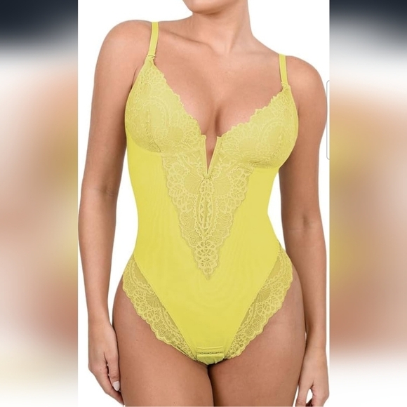 Popilush Tops - Popilush Yellow Lace V Neck Corset Shapewear Tummy Control Bodysuit Size XXL
